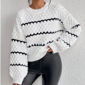 Black and White Striped Cropped Chunky Kit Sweater